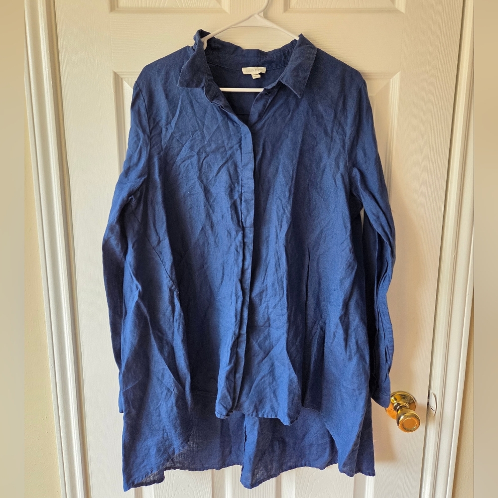 Eileen Fisher Tunic L 100% Organic Irish Linen Blue Button Up